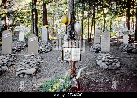 Ein ‘wilder Westen’ Friedhof im Moon Valley Themenpark, Milford, Pike County, Pennsylvania, USA im Jahr 1958. Dieser frühe Themen- oder Vergnügungspark zeigte 'Story Book Land', 'Animal Farm' und 'Western Pioneer Town'. Auf den Gräbern sind Grabsteine mit fiktiven Namen geschnitzt – und auf zwei Grundstücken sind ‘reservierte’ Schilder angebracht. Ein hölzerner, langhorniger Rinderkopf ‘Vordergrund. Der Park ist seit vielen Jahren geschlossen. Dieses Bild stammt von einem alten amerikanischen Amateur Kodak Farbtransparenz - ein Vintage 1950s Foto. Stockfoto