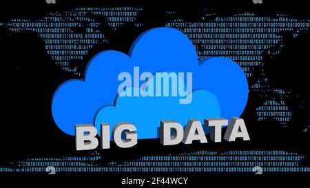BIG DATA - grauer Schriftzug vor blauen Wolken Auf binärem Code Hintergrund als Weltkarte - Cloud Computing Und Datenspeicherkonzept - 3D Illustration Stockfoto