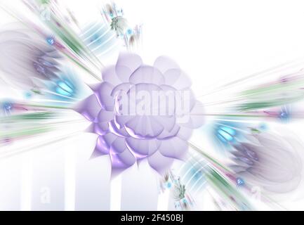 Abstrakte fraktale weiche und zarte Blume mit Strahlen auf weißem Hintergrund. Fraktal in Neonfarben mit geschwungenen Linien, die eine Blume Formen Stockfoto