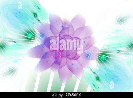 Abstrakte fraktale weiche und zarte Blume mit Strahlen auf weißem Hintergrund. Fraktal in Neonfarben mit geschwungenen Linien, die eine Blume Formen Stockfoto