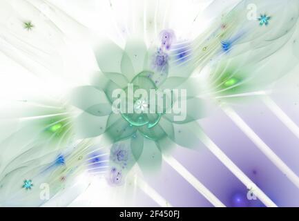 Abstrakte fraktale weiche und zarte Blume mit Strahlen auf weißem Hintergrund. Fraktal in Neonfarben mit geschwungenen Linien, die eine Blume Formen Stockfoto