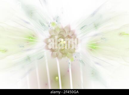 Abstrakte fraktale weiche und zarte Blume mit Strahlen auf weißem Hintergrund. Fraktal in Neonfarben mit geschwungenen Linien, die eine Blume Formen Stockfoto