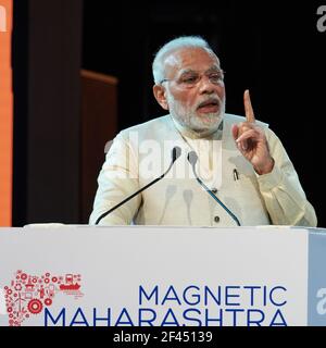 Narendra Modi, indische Politikerin, Premierminister von Indien, Narendra Damodardas Modi, 14. Premierminister von Indien, Rede, Magnetischer Maharashtra, Konvergenz 2018, Global Investors Summit, Indien, Asien Stockfoto