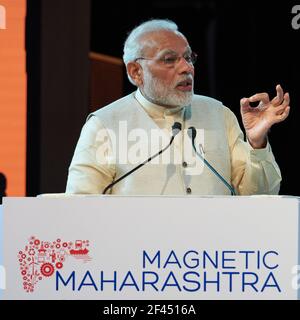 Narendra Modi, indische Politikerin, Premierminister von Indien, Narendra Damodardas Modi, 14. Premierminister von Indien, Rede, Magnetischer Maharashtra, Konvergenz 2018, Global Investors Summit, Indien, Asien Stockfoto