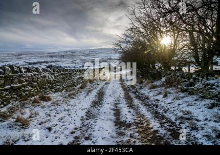 Eine raue Strecke durch eine schneebedeckte Landschaft mit Hügeln und Trockenmauern in Weardale, North Pennines, County Durham, Großbritannien Stockfoto