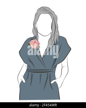 Silhouette einer jungen Frau, boutonniere auf einem Revers Kleid. Rosenbrosche auf einem Kleid. Skizze des Kleides mit einer Brosche isoliert auf weißem Hintergrund. Kopie sp Stockfoto