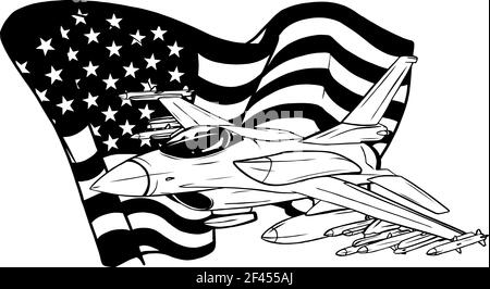 Zeichnen Sie in Schwarz und Weiß von militärischen Kampfjets mit amerikanischer Flagge. Vektorgrafik Stock Vektor