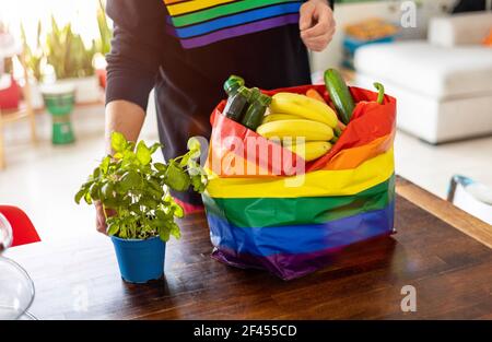 Junger Mann trägt Regenbogen Sweatshirt Auspacken Beutel mit Lebensmitteln an Zu Hause Stockfoto