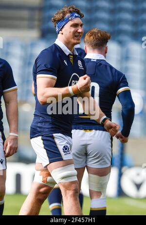 Edinburgh, Großbritannien. 19th Mär, 2021: Schottlands Jamie Ritchie während der, UK. 19th. März 2021. Teamlauf im BT Murrayfield Stadium, Edinburgh, Schottland, Großbritannien. Quelle: Ian Rutherford/Alamy Live News Stockfoto