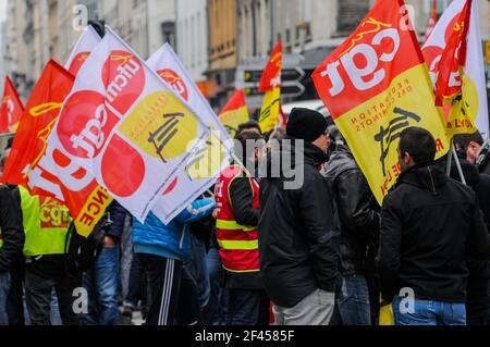 SNFC-Eisenbahner protestieren gegen das angebliche Arbeitsrecht in Lyon, Frankreich Stockfoto