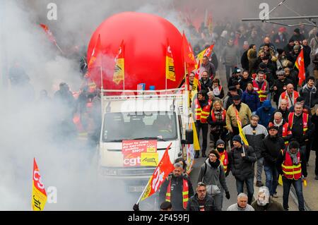 SNFC-Eisenbahner protestieren gegen das angebliche Arbeitsrecht in Lyon, Frankreich Stockfoto