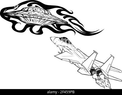 Zeichnen Sie in Schwarz und Weiß des Battle Star Space aus Ein ufo und Flugzeug Stock Vektor