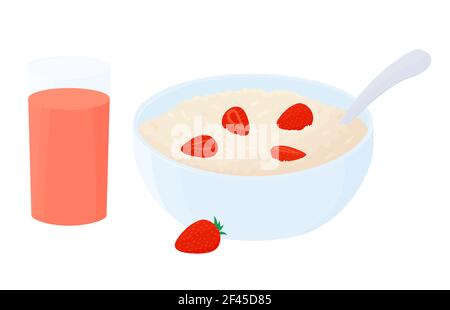 Haferflocken-Frühstückschüssel mit Erdbeere. Tasse Haferkorn Haferbrei mit Glas Beerenmoothies isoliert auf weißem Hintergrund. Vektorgrafik Lebensmittel Stock Vektor