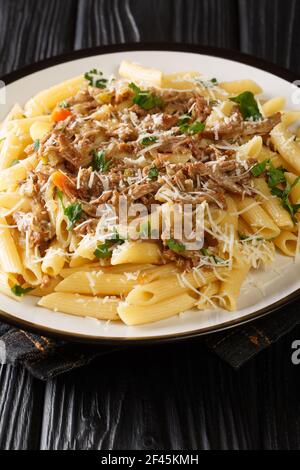 Genovese Sauce ist eine reiche, Zwiebel basierte Pasta-Sauce mit Pasta aus nächster Nähe in den Teller auf dem Tisch serviert. Vertikal Stockfoto