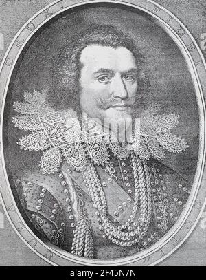 George Villiers, 1st Duke of Buckingham (1592 – 1628), war ein englischer Höfling, Staatsmann und Mäzen der Künste. Er war ein Favorit und möglicherweise auch ein Liebhaber von König James I. von England. Buckingham blieb die ersten drei Jahre der Regierungszeit von James' Sohn, König Karl I., auf dem Höhepunkt königlicher Gunst, bis ihn ein verärgerter Armeeoffizier ermordete. Gravur von 1626. Stockfoto