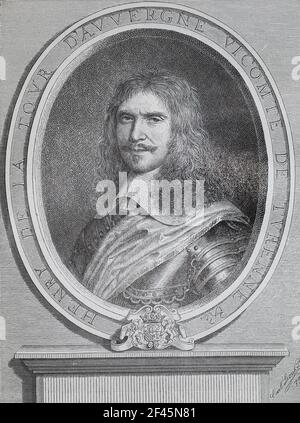 Henri de La Tour d'Auvergne, vicomte de Turenne (1611 – 1675), allgemein bekannt als Turenne, war ein französischer General und einer von nur sechs Marschalls, die zum Marschall von Frankreich ernannt wurden. Das berühmteste Mitglied der Familie La Tour d'Auvergne, seine militärischen Heldentaten während seiner fünfzehnjährigen Karriere brachten ihm einen Ruf als einer der größten Militärkommandanten der modernen Geschichte ein. Stockfoto