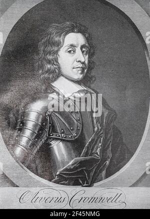 Oliver Cromwell. Gravur von 1723. Oliver Cromwell (1599 – 1658) war ein englischer General und Staatsmann, der zuerst als Untergebener und später als Oberbefehlshaber während des englischen Bürgerkriegs Armeen des englischen Parlaments gegen König Karl I. führte, Danach regierte die Britischen Inseln als Lord Protector von 1653 bis zu seinem Tod im Jahr 1658. Er fungierte gleichzeitig als Staatsoberhaupt und Regierungschef des neuen republikanischen Gemeinwohls. Stockfoto