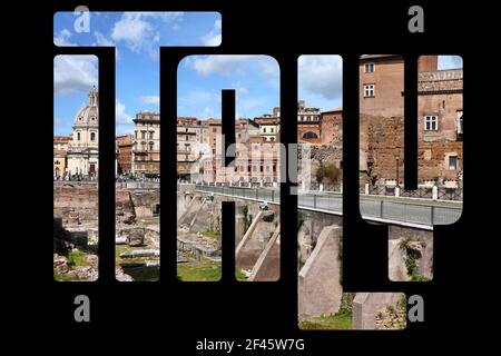 Italien - Länderzeichen mit Foto in Rom im Hintergrund. Isoliert auf Schwarz. Stockfoto