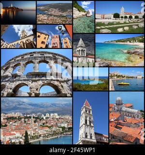 Kroatien Fotoset - Collage mit Dalmatien Küsten, Split, Trogir, Pula, Rovinj, Makarska, Sibenik und Zadar. Stockfoto