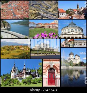 Rumänien Land Fotocollage. Reisefotos mit Bukarest, Ploiesti, Brasov, Temisoara, Sibiu und Arad. Stockfoto
