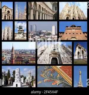 Fotocollage aus Mailand, Italien. Collage enthält wichtige Sehenswürdigkeiten wie die Kathedrale, das Schloss und die Universität. Stockfoto