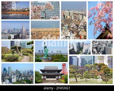 Tokyo, Japan Fotos eingestellt. Collage umfasst wichtige Wahrzeichen wie Shinjuku ward, Ueno Park, Chiyoda und Bunkyo. Stockfoto