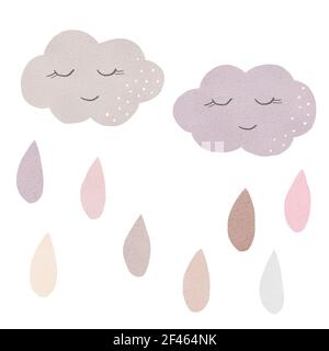 Aquarell glücklich Wolken und regen Tropfen Cliparts Set. Neutrale Farben Illustration für Kinder Kinderzimmer Dekor, Baby-Dusche, Scrapbooking, diy-Projekte. Stockfoto