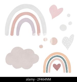 Boho Regenbogen Aquarell Cliparts Set whit Herzen, Wolke, Tropfen. Handbemalte Illustration für Babydusche, Kinderzimmer Dekor, Scrapbooking. Isoliert auf Whi Stockfoto