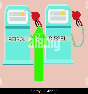 Indisches Konzept der Kraftstoffpreiserhöhung, steigender Benzin- und Dieselpreis, Pfeil nach oben mit dem indischen Rupie-Symbol. Stockfoto