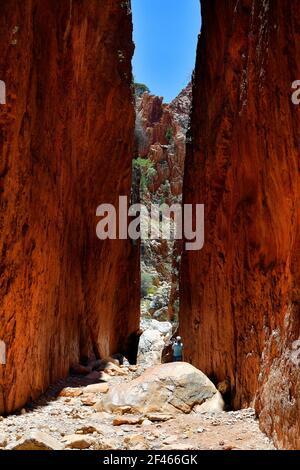 Australien, NT, Frau machen Fotos in bemerkenswerten Standley Chasm im McDonnell Range Nationalpark Stockfoto