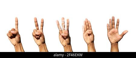 Set von jungen Mann Hände zählen von einem bis fünf isoliert auf weißem Hintergrund mit Clipping Pfad. Zahlenkonzept Nahaufnahme Stockfoto
