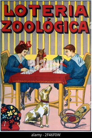 Juguetes de cartón y madera. Caja del juego Lotería Zoológica, fabricado por Juguetes Borrás, de Mataró. Año 1914. Stockfoto