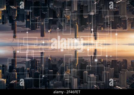 Technologie Internet of Thing Over the Top view Chicago Stadtbild Flussseite, USA, Business Architecture and Building with Tourist Concept, Te Stockfoto