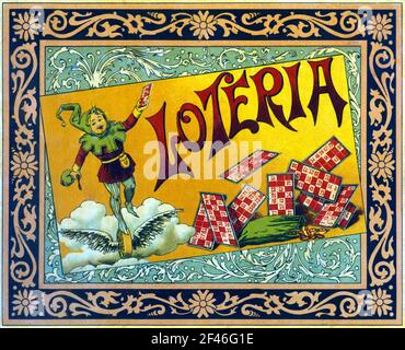 Juguetes de cartón y madera. Caja del juego Lotería, fabricado por Juguetes Borrás, de Mataró. Año 1903. Stockfoto