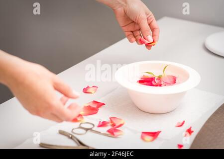 Die weiblichen Hände der Kosmetikerin bereiten das Maniküre-Bad mit Rot und Rosa vor rosenblüten auf dem Tisch im Spa Stockfoto