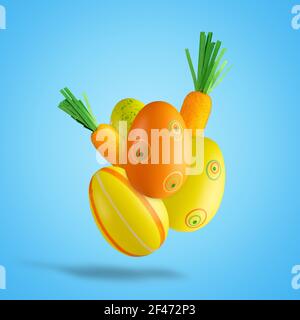 Kreative Komposition aus bunten Ostereiern. Minimales Frühlings- oder Sommerferienkonzept. Unterhaltsamer Hintergrund. Stockfoto