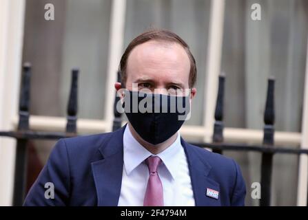 London, England, Großbritannien. März 2021, 19th. Staatssekretär für Gesundheit und Soziales MATT HANCOCK wird in Downing Street gesehen. Kredit: Tayfun Salci/ZUMA Wire/Alamy Live Nachrichten Stockfoto