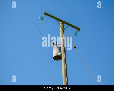 Ein am Mast montierter Abstufungstransformator am Ende eines Durchlaufs von 11kV 2-phasigen Deckenkabeln in einem ländlichen Raum in Somerset, England. Stockfoto