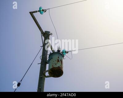 Ein am Mast montierter Abstufungstransformator am Ende eines Durchlaufs von 11kV 2-phasigen Deckenkabeln in einem ländlichen Raum in Somerset, England. Stockfoto