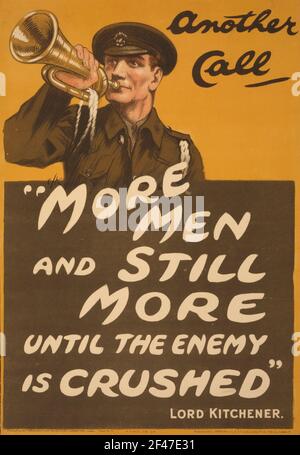 Ein erstes Plakat für die Rekrutierung von Kriegsanwerbungen, auf dem ein anderer Anruf unterzeichnet wurde Von Lord Kitchener Stockfoto