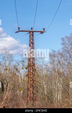 Ein rostiger alter elektrischer Übertragungsleitungsmast steht in einem parken Stockfoto