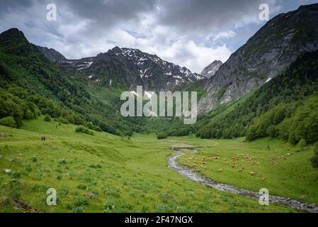 Artiga de Lin im Frühjahr (Val d'Aran, Katalonien, Pyrenäen, Spanien) ESP: Artiga de Lin en primavera (Val d'Aran, Cataluña, Pirineos, España) Stockfoto