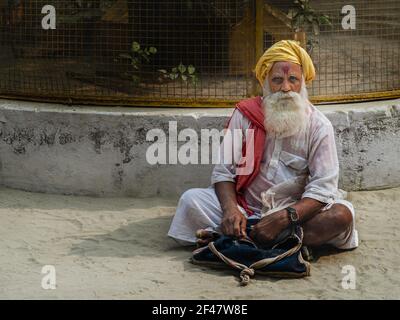 Indischer religiöser Mann der Hindu Shiva Sekte dipicted durch besondere Markierung auf Stirn an einem Schongebiet in Vrindavan, Uttar Pradesh, Indien. Stockfoto