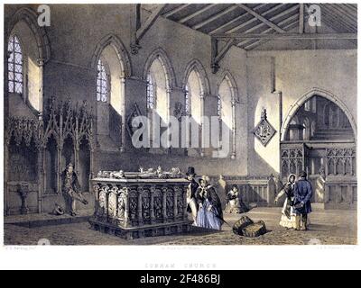 Lithotint von Cobham Church, Kent UK, scannte mit hoher Auflösung von einem Buch, das 1858 gedruckt wurde. Vermutlich frei von allen historischen urheberrechtlichen Beschränkungen Stockfoto