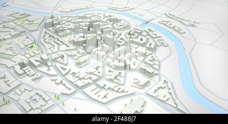 Einfache Low-Poly-Stadt mit Blick auf den Fluss. 3D Rendern Stockfoto