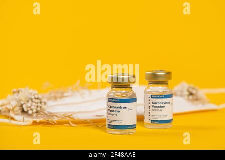Zwei Coronavirus-Impfstoffflaschen auf gelbem Hintergrund und medizinische weiße Maske mit handgefertigten Blumen. Stockfoto