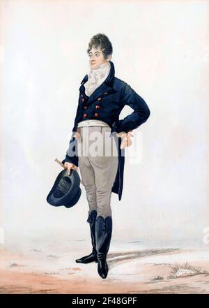 Beau Brummell. Karikatur des Regency Dandy, George Bryan 'Beau' Brummell (1778-1840) von Robert Dighton, Aquarell, 1805 Stockfoto