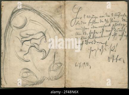 Männerportrait (Karikatur), Bleistiftzeichnung, undatiert, nicht bezeichnet, und Text von Otto Dix auf mittig gefaltetem Kartonblatt quer-4 Grad; darauf (um 180 Grad gedreht) 2 Fotografien (Dix, Otto: Büste Friedrich Nietzsche, 1912) Stockfoto