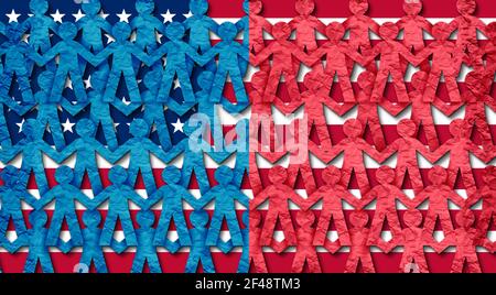 Blaue und rote Staaten von amerika als amerikanisches Volk, das sich mit der konservativen rechten und der liberal-linken Bevölkerung mit einer US-Flagge zusammenschließt. Stockfoto