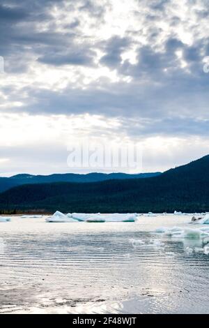 Kleine Eisberge, auch bekannt als Bergy Bits und Growler, schwimmend in Mendenhall See am Fuße des McGinnis Mountain in der Nähe von Juneau, Alaska Stockfoto